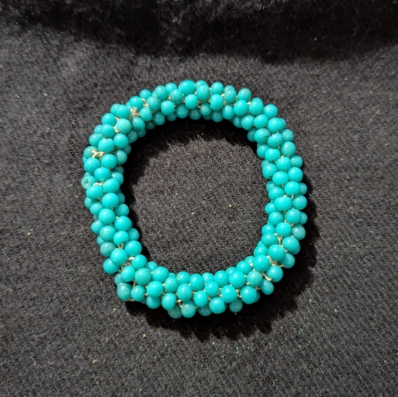 Hand Crafted Jewelry - Turquoise Blue Glass Beaded Stretchy Elastic Statement Bracelet